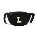 Kids black nylon chest bag with large white letter L sequin patch and adjustable strap - L