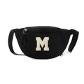 Kids black nylon chest bag featuring a fuzzy white letter M patch with gold trim - M