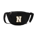 Black nylon kids fanny pack featuring a white chenille letter N patch with gold glitter - Letter N