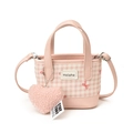Pink and white plaid girls bucket bag with heart pendant and bow detail - Small / Pink