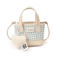 Mädchen Eimertasche in Blau Kariert mit Rosa Schleifenmuster und Herzanhänger - Klein / Blau