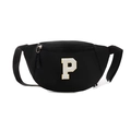 Kids black nylon chest bag featuring white letter P embroidery and adjustable strap - Letter P