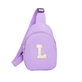 Lavender youth sling bag featuring a plush white letter L patch with gold sequins - Style L(L)