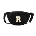 Kids trendy black crossbody chest bag with embroidered gold letter R patch and adjustable strap - Letter R