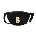 Kids black nylon crossbody bag with a white fuzzy letter S patch and adjustable strap - S