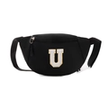 Kids black nylon chest bag with embroidered letter U patch and white buckle strap - Letter U
