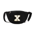 Kids black nylon fanny pack featuring white letter X chenille embroidery and white buckle - Letter X