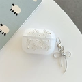 Detail of glitter AirPods Pro case featuring silver bow charms and woven pendant - Silver Bead Small Bowknot-With Pendant