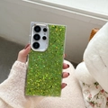 Close-up of glittery green Samsung phone case with protective metal camera lens ring - A16 / Electroplated Frame - Colorful Glitter Drip Glue - Green