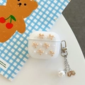 Close-up of translucent glitter AirPods case with pearl bow charm and metal chain - Brown