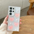 Detalle de funda brillante para Samsung S24 con lazos 3D rosas y perlas - Marco Galvanizado - Resina Epoxi Con Diseño De Cielo Estrellado - Lazo De Caramelo De Roca Con Múltiples Pliegues / Samsung A16