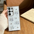 Detalle de funda transparente con dijes de cereza 3D y purpurina plateada para Samsung - Cereza Láser Estrella / Samsung A16