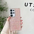 Pink glitter phone case for Samsung Galaxy with sparkling sequins held by a model - Electroplated Frame-Colorful Sequin Epoxy-No. 6 / Samsung A16