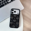 Close-up of glitter black iPhone case featuring silver hollow heart decorations and bows - Silver Bead Hollow Heart / iPhone 17 Pro Max