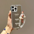 Mirror phone case for iPhone with 3 rhinestone bows and luxury pearl wrist strap chain - Plated Mirror + 3 Ribbon Bows + Chain / iPhone 7/8/SE 2020