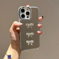 Detail of mirror phone case with three silver crystal bowknot charms for iPhone - Plated Mirror + 3 Ribbon Bows / iPhone 7/8/SE 2020