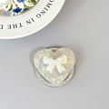 Supporto per telefono a cuore iridescente con fiocco bianco e strass su sfondo grigio - (Diamante Bianco) Magnetico - Cuore di Conchiglia - N. 16 Fiocco Iridescente