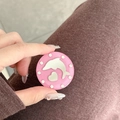 Detailed view of pink glitter phone grip featuring silver dolphin, hearts, and rhinestones - Glitter Dolphin Mirror / Rose Red