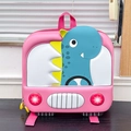 Front view of pink 3D dinosaur hard shell toddler backpack with cute cartoon car design - Pink