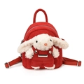 Detail of red mini backpack featuring a 3D plush bunny and soft suede texture - Red