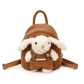 Dettaglio mini zaino in peluche con simpatico coniglio bianco nella tasca anteriore - Marrone