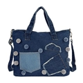 Donkerblauwe denim shopper met pluche pompons en verstelbare schouderriem voor dames - Blauw