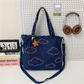 Dark blue denim tote bag with white cloud embroidery and detachable shoulder strap - With Pendant / Dark Blue