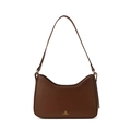 Minimalist dark brown leather crescent hobo bag with smooth silhouette and golden lettering - Brown