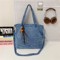 Blue denim tote bag featuring white cloud embroidery and star pendant accessory - With Pendant / Light Blue