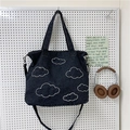 Dark blue denim tote bag with white cloud embroidery and adjustable shoulder strap - Bare Bag / Black