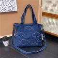 Dark blue denim tote bag with white cloud embroidery and adjustable shoulder strap - Bare Bag / Dark Blue