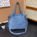 Blue denim tote bag with white cloud embroidery and adjustable shoulder strap - Bare Bag / Light Blue