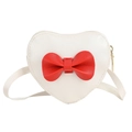 Sweet heart-shaped crossbody bag for girls in cream white leather with red bow - White