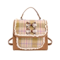 Retro kinderrugzak van bruin leer met gekleurde ruitjeswol en kanten strikdetails - Khaki