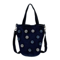 Damen Denim Beuteltasche mit blau-grauen Plüschkugeln und verstellbarem Schultergurt - Blau