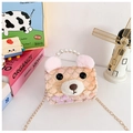 Detail of plush bear purse featuring pearl handle, gold chain and fish scale embroidery - Yellow