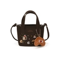 Bolso bandolera infantil de lona marrón oscuro con bordado y llavero de peluche - Pequeño / Café Con Colgante