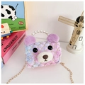 Close-up of fluffy colorful plush bear bag with pearl handle and golden chain details - Purple