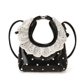 Mini bolso bandolera de charol negro con lunares blancos y ribete de encaje - Negro