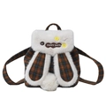Cute Korean style plaid plush backpack with rabbit ears and Happy Days patch - Brown Grid