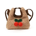 Sac bandoulière en peluche kaki avec cerises mignonnes et lanières en cuir marron - Kaki
