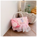 Pink plush kids handbag with large pearl handle and Elsa princess decorative detail - Rose Pink Princess