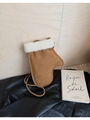 Brown mitten-shaped crossbody bag with white faux fur trim and suede finish - Glove (Naked Bag) / Brown