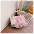 Pink plush Disney Elsa princess handbag with pearl handle and golden chain strap - Pink Princess