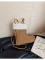 Brown suede boot-shaped mini crossbody bag with white faux fur trim and rabbit ear handles - Boots (Naked Bag) / Brown