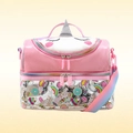 Detail of glitter unicorn lunch bag with pink sequins, double zippers, and rainbow strap - Pink Horse