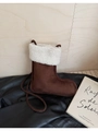 Brown boot-shaped plush crossbody bag with white sherpa trim and cute bear ears - Boots (Naked Bag) / Coffee