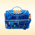 Detail view of glossy blue cartoon construction vehicle lunch bag with double zipper - Blue Excavator