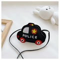 Detail shot of a black cartoon police car crossbody bag for kids with POLICE lettering - Black
