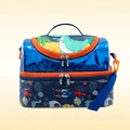 Close-up of double-layer cartoon dinosaur kids lunch bag with adjustable blue strap - Blue Dinosaur